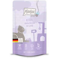 MJAMJAM Quetschies Kitten 125g Beutel Katzennassfutter Sparpaket 24 x 125 Gramm vorzügliches Kalb mit Lachsöl