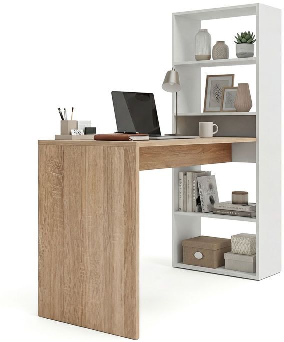 duehome Mesa de escritorio con estantería 120x50 cm Cosmic - Blanco Artik (Blanco Mate) - Roble Canadian