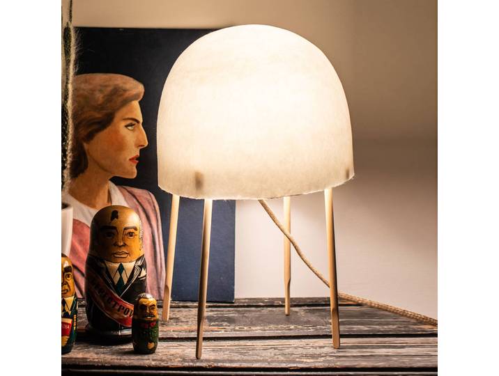 Foscarini Designer Tischlampe Kurage, weiß / opal, für Wohn- / Esszimmer, Holz, Design