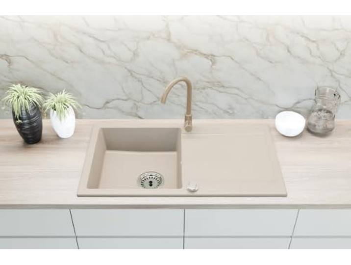 Faizee Home Granit Einbauspüle 90x50 cm – Spülbecken mit Abtropffläche Küchenspüle inkl. Armatur & Siphon-Set Kratzfest & hitzebeständig für 45 cm Unterschränke (Genial, Beige)
