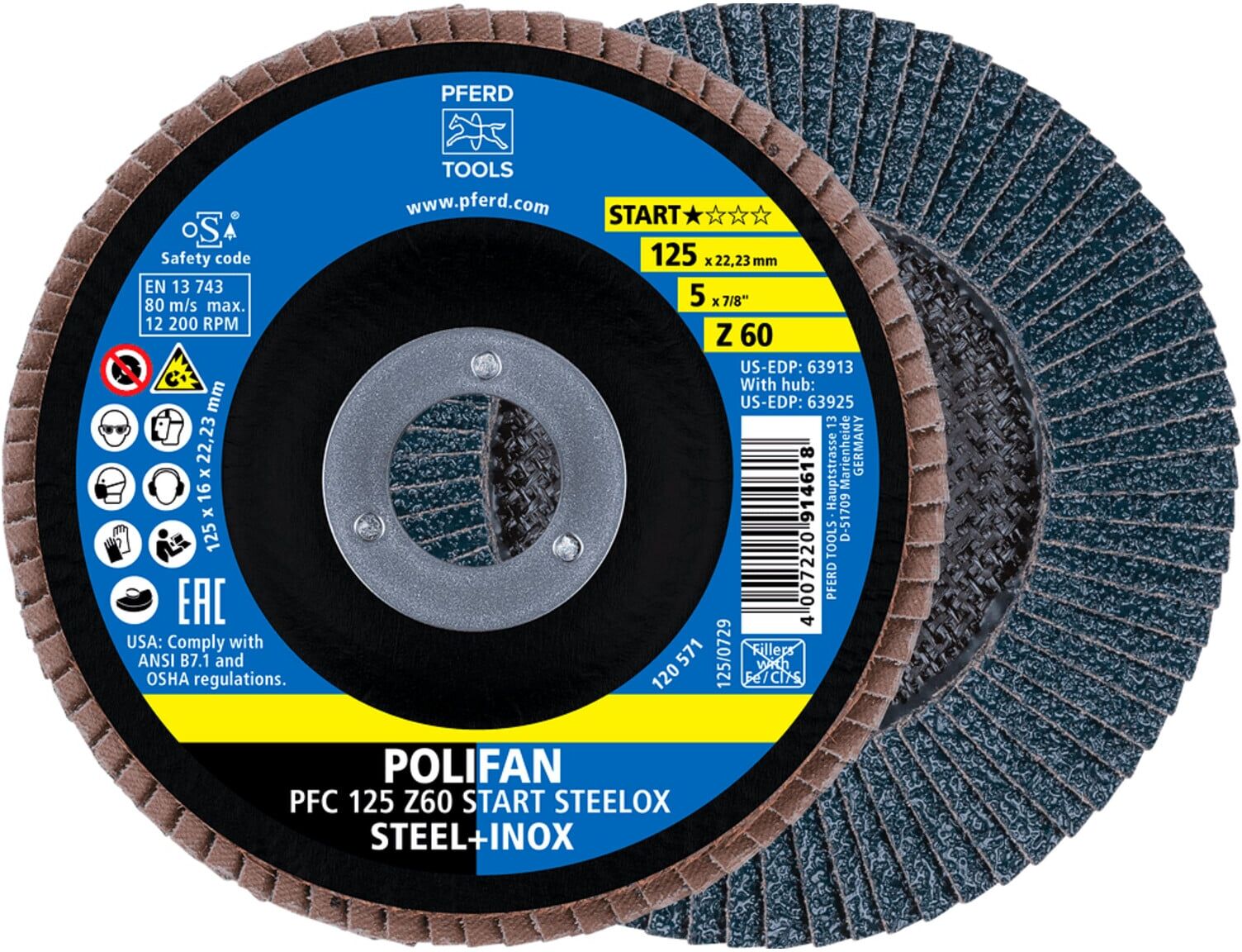 PFERD TOOLS POLIFAN Fächerscheibe PFC 125x22,23 mm konisch Z60 Startlinie START STEELOX Stahl/Edelstahl (69300935)