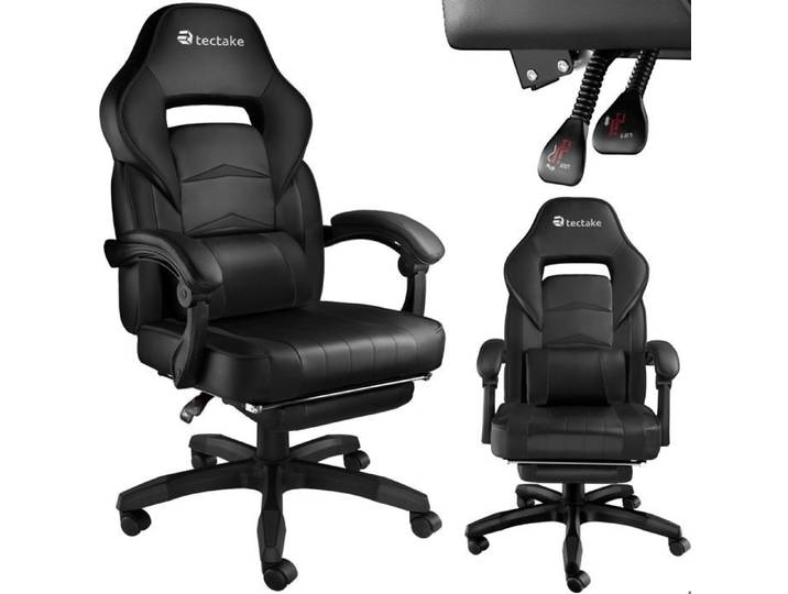 Chaise de gaming - TECTAKE - Fauteuil de bureau gamer COMODO ergonomque style racing repose-pieds et dossier réglable - Noir/Noir