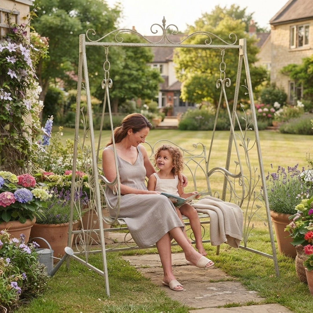 Rosalind Wheeler Durable Metal Garden Swing Bench – Sturdy and Comfortable Swing Chair for Backyard, Patio, or Outdoor Leisure Cream 147;215cm H X 147cm W X 90cm D