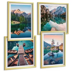 BILDER SET 4er Set - 50x50 cm & 40x60 cm Goldrahmen - Spiegelung des Waldes in Bergseen