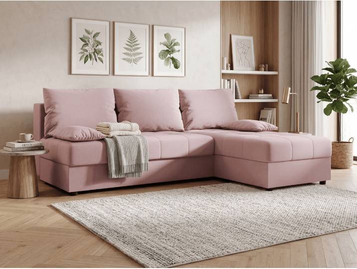Ausziehbares Ecksofa VENORIA SLIM 200x143 cm, puderrosa, beidseitig montierbar + 2 Kissen GRATIS