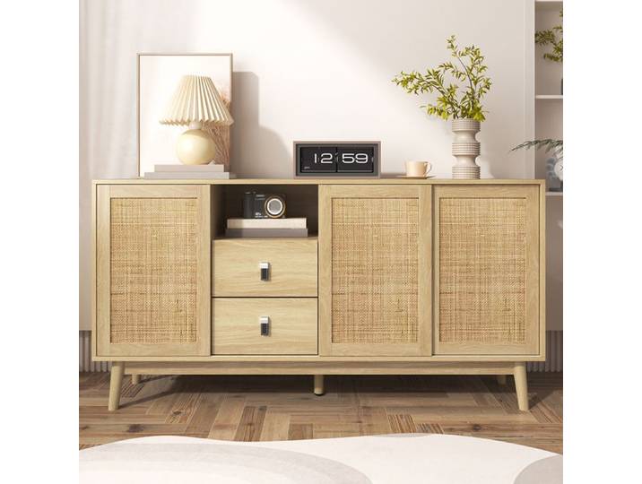 Buffet avec 3 portes coulissantes en rotin véritable et 2 tiroirs (155x38x80 cm)