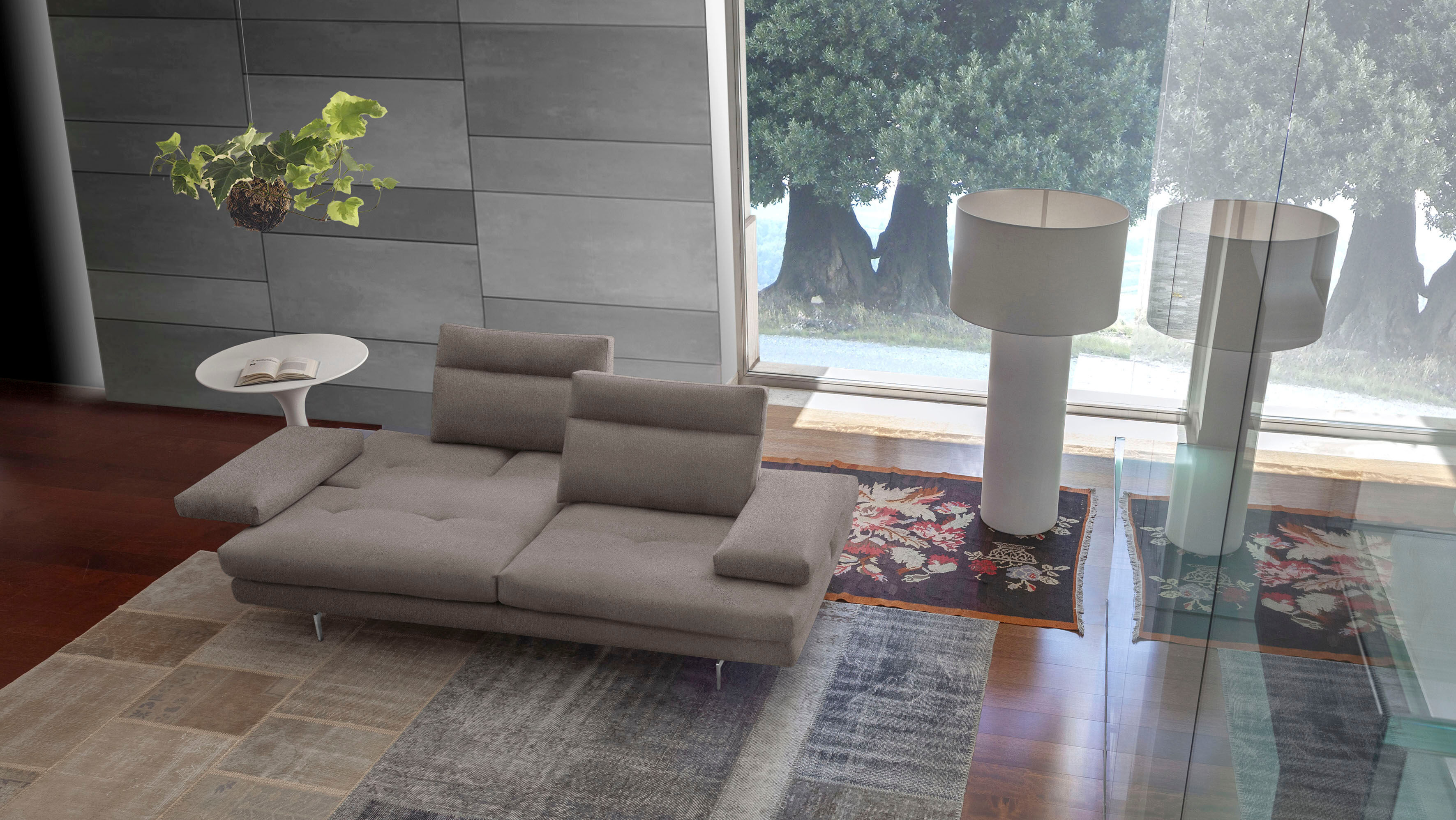 3,5-Sitzer CALIA ITALIA "Toby Wing, 228 cm breit, Designsofa mit erstklassigem Sitzkomfort", grau (sabbia quebec), B:228cm H:90cm T:113cm, Synthetische Faser (100% Polyester), Sofas, 3 5-Sitzer, inklusive Sitztiefenverstellung, Füsse in Chrom glänzend sab