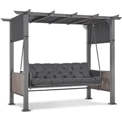 M MCombo 3-Sitzer Pergola Hollywoodschaukel mit Liegefunktion & Gartenpavillon, Gartenschaukel mit Ausziehbarem Sonnendach, 8CM Extradickem Sitzkissen & Silent-Haken, Schaukelbank 4067 (grau)