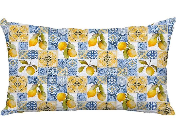 Dekokissen QUEENCE Zitronen Kacheln , bunt (blau, bedruckt gemustert), B:60cm L:40cm, Polyester, Dekokissen_Sitzkissen_Kissenhüllen, Dekokissen, Premium Outdoor Kissenbezug; Format: 60x40 cm
