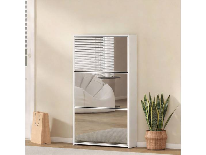 HOMCOM Armoire à Chaussures Miroir 3 Tiroirs Bois Blanc
