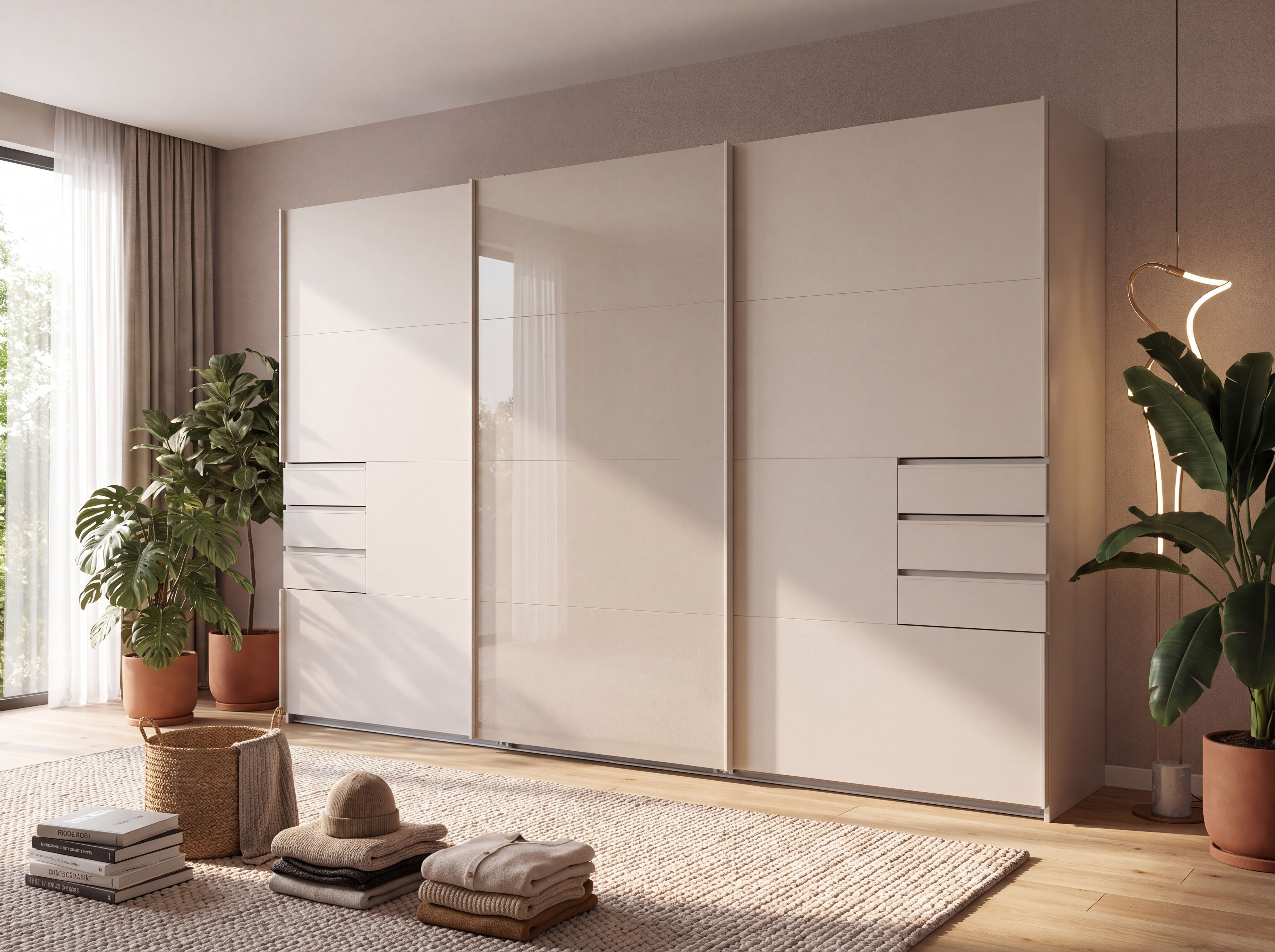Schwebetürenschrank WIMEX "Saigon, Kleiderschrank mit Schiebetür", beige (kaschmir, glas kaschmir, griffe kaschmir), B:313cm H:208cm T:64cm, Holzwerkstoff, Schränke, Schwebetürenschrank, mit Glaselementen, 3 Türen, 313cm breit kaschmir, glas kaschmir, gri