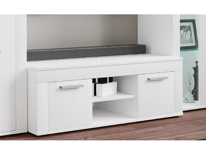 Meuble TV bas Usilo Panneau de particules, revêtu Blanc/Blanc 102cm