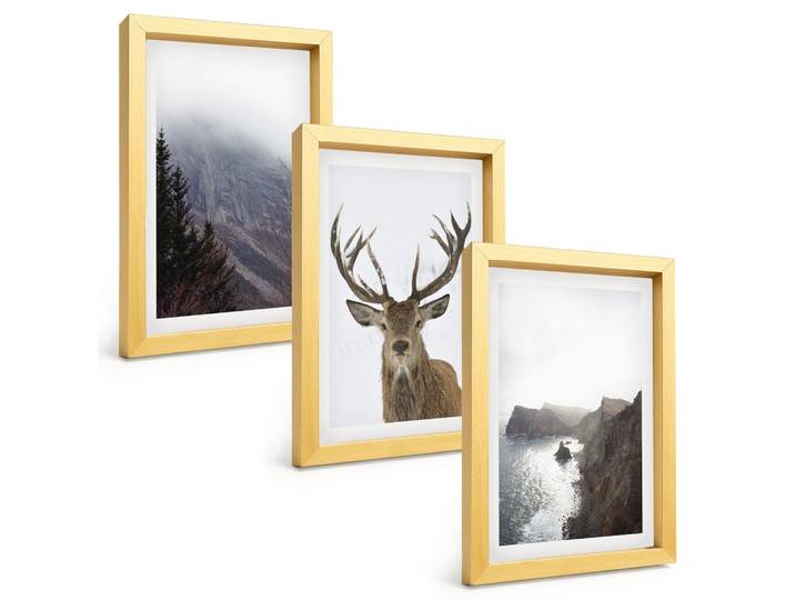 BILDER SET 3er Set - 20x30 cm Goldrahmen - Berglandschaft mit Hirschen