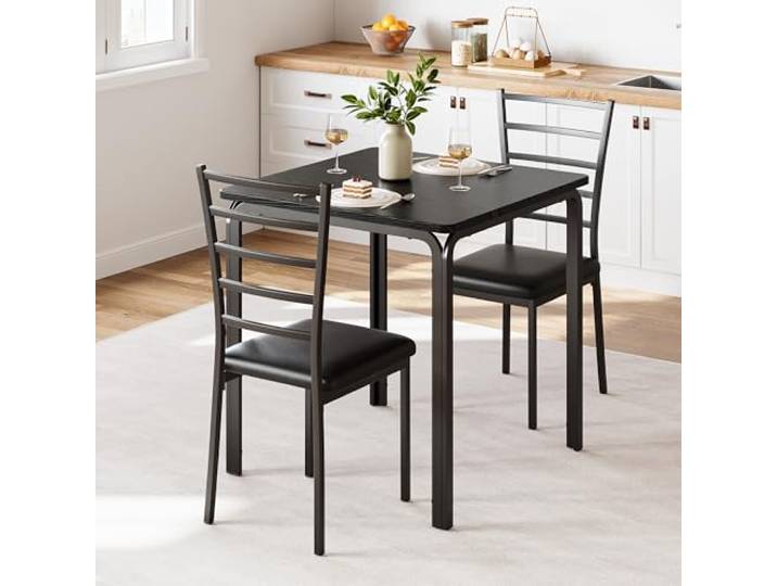 OPULENTHOME Esstisch mit 2 Stühlen, Essgruppe mit gepolsterte Sitz, Esstisch Set, Tisch Küche, Kleiner Esstisch mit Holzmaserung, Metallbeine, für Küche Esszimmer, Wohnzimmer, Schwarz