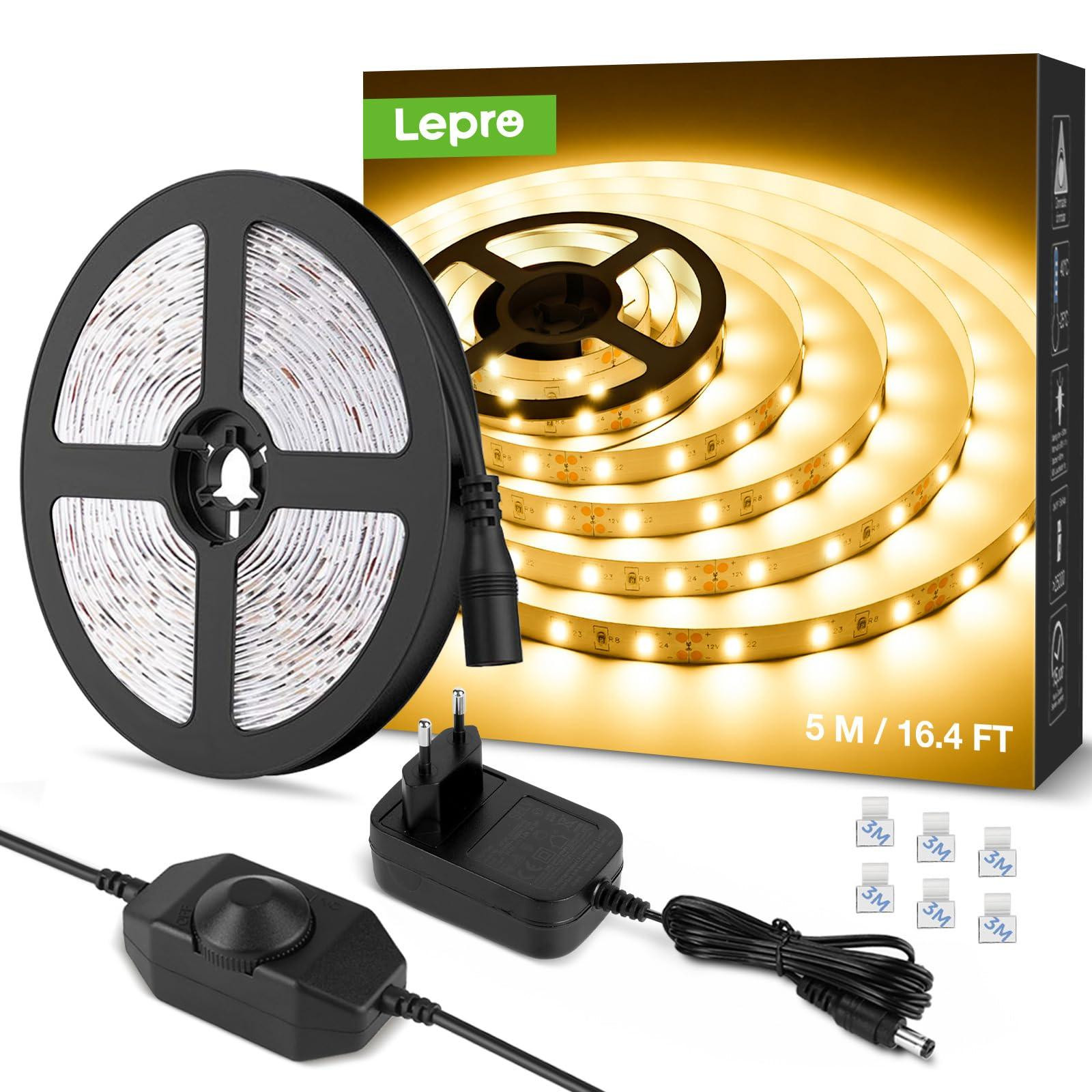 Lepro LED-strip 5 meter, 3000K warm wit, dimbaar, zelfklevend, inclusief voeding