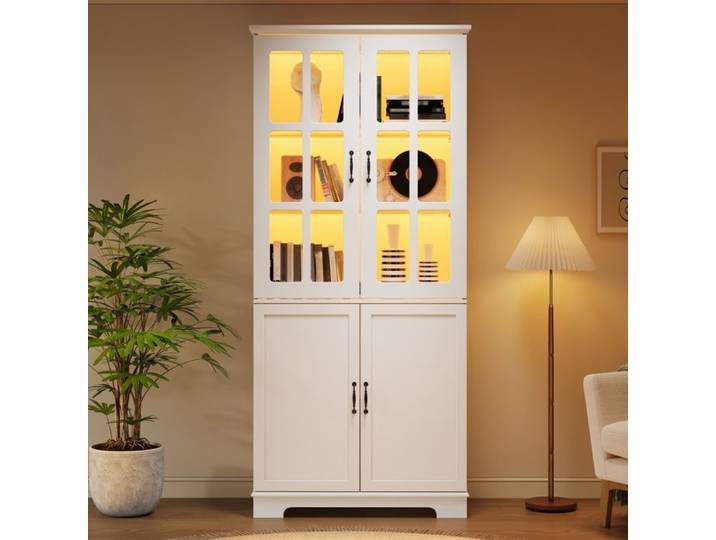 Armoire Vitrine avec éclairage LED Armoire Haute Blanche avec 4 Portes Bibliothèque 80x38x180cm avec 5 étages Armoire Moderne