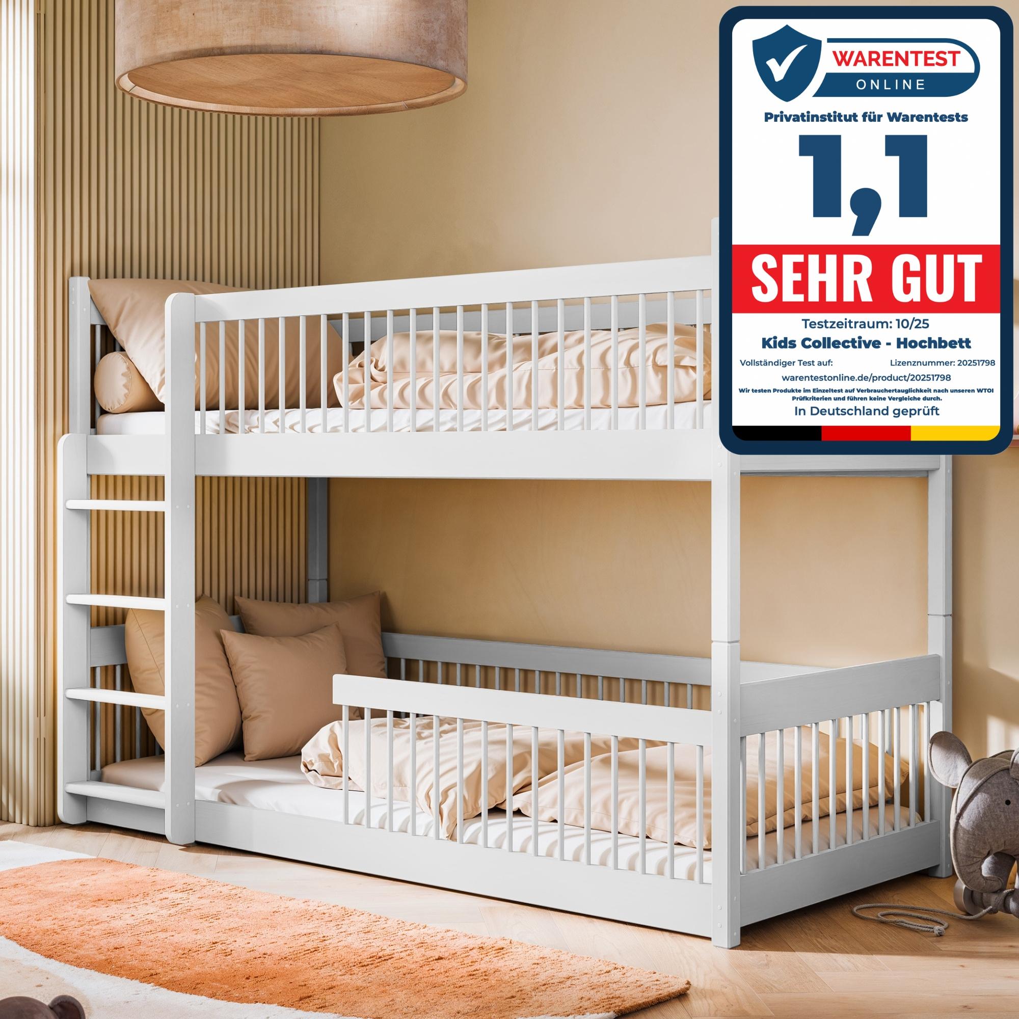 Kinderbett Hochbett Etagenbett 80x180 | 90x190 | 90x200 cm, mit abgerundeten Kanten und umbaubar zu 2 Betten 90x200 cm von 4. bis 18. Lebensjahr, Weiß mit 2 Matratzen