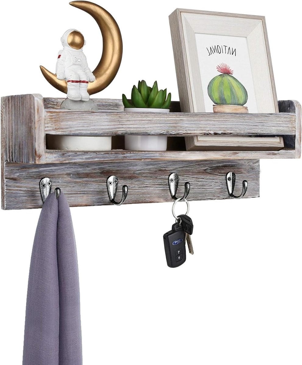 Houten wandkapstok met plank en 4 haken voor de hal, slaapkamer, badkamer of keuken