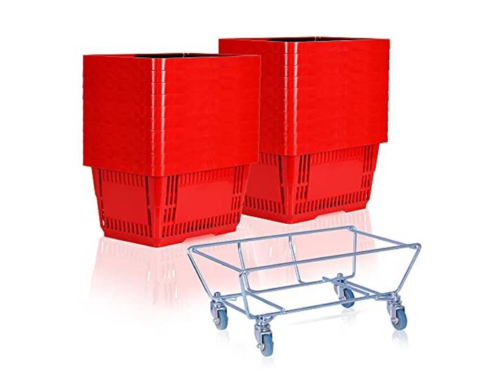 goodsforbusiness Sammelwagen + 20 Einkaufskörbe rot Korbstapelwagen 22 Liter Rollwagen für Kunststoffkörbe Korbwagen stabil Einkaufskorbwagen