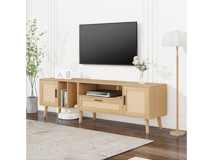 Merax TV lowboard für 80-Zoll-Fernseher Fernsehschrank Fernsehtisch mit Rattan-Dekoration, 2 Türen und Einer Schublade