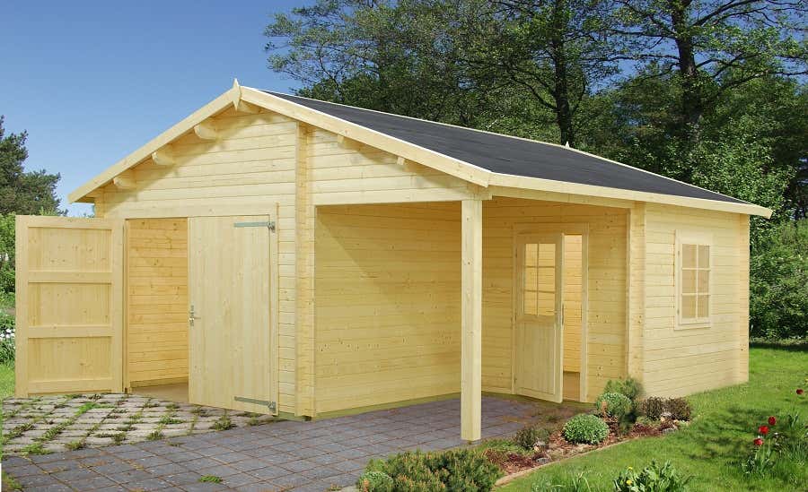 Palmako Holzgarage Roger 21,9 + 5,2 m² aus Holz Garage mit 44 mm Wandstärke Unterstellplatz Fußboden ohne Fertiggarage 28.05 m² Satteldach