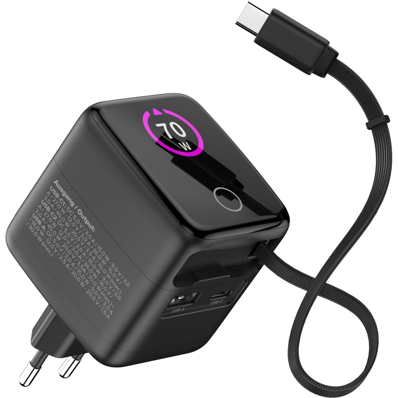InLine USB Netzteil, 70W, GaN, USB-C PD + USB-A QC, Kabel 60cm, schwarz