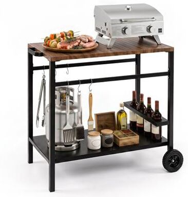 Costway Outdoor Grill Cart with Spice Rack and Hooks for Patio and Garden-Brown