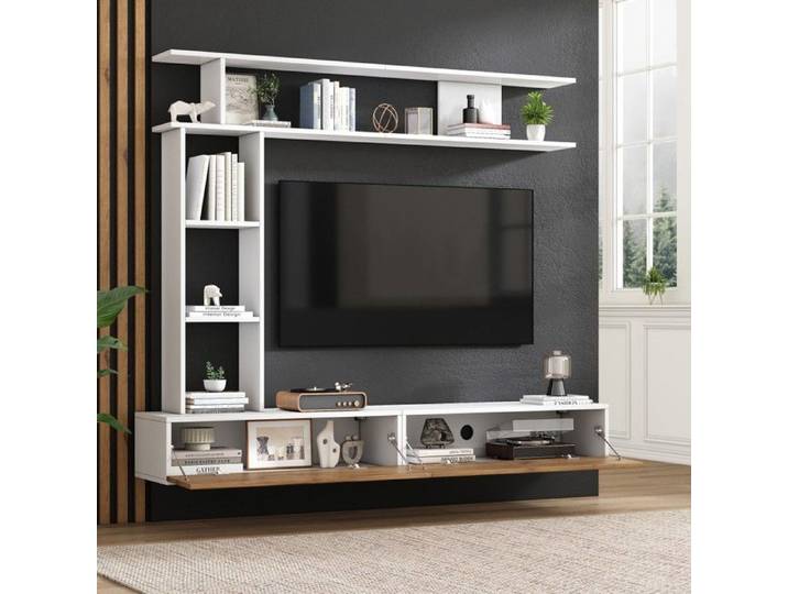 Ensemble meuble TV mural 180x35x22.5cm blanc/bois avec vitrines support TV 80' étagère sur pied et murale