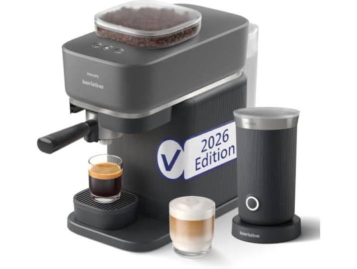 PHILIPS Baristina Espressomaschine mit Milchaufschäumer, Schwarz, 16 Bar mahlt, tampt & brüht automatisch, leichte Reinigung, Keramikmahlwerk (BAR308/60)