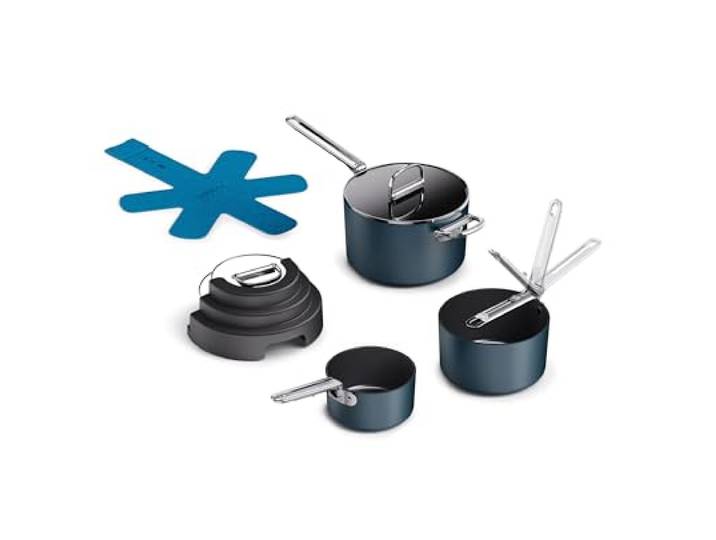 Joseph Joseph Space Stack 3-teiliges Antihaft Kochgeschirr Set mit Klappgriffen, Induktion Kochtopf Set, Keramikbeschichtung, Platzsparend Stapelbar