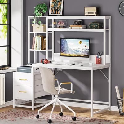Jiallo "55"" White Computer Desk with Hutch, 2 Drawers & Open Shelves"