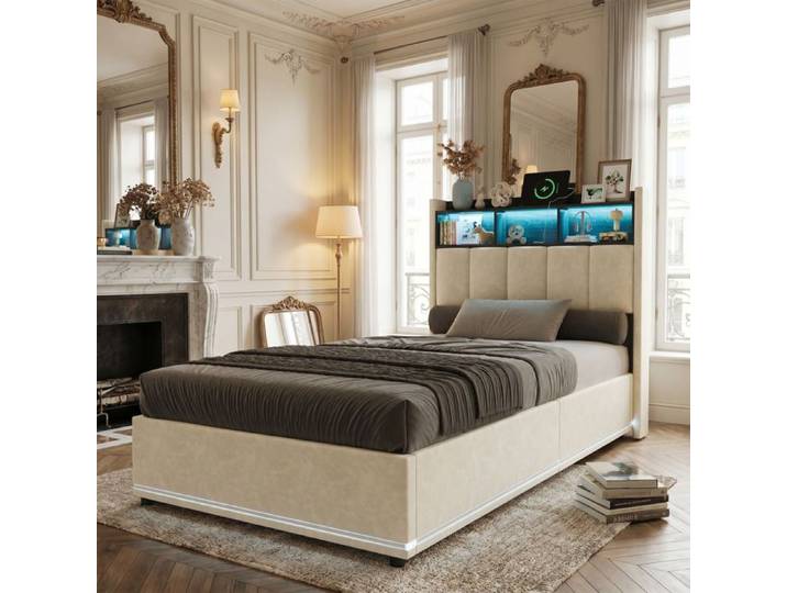 Lit 90x200 cm avec sommier et coffre cadre de lit coffre 90x200 avec LED et USB tissu en velours beige