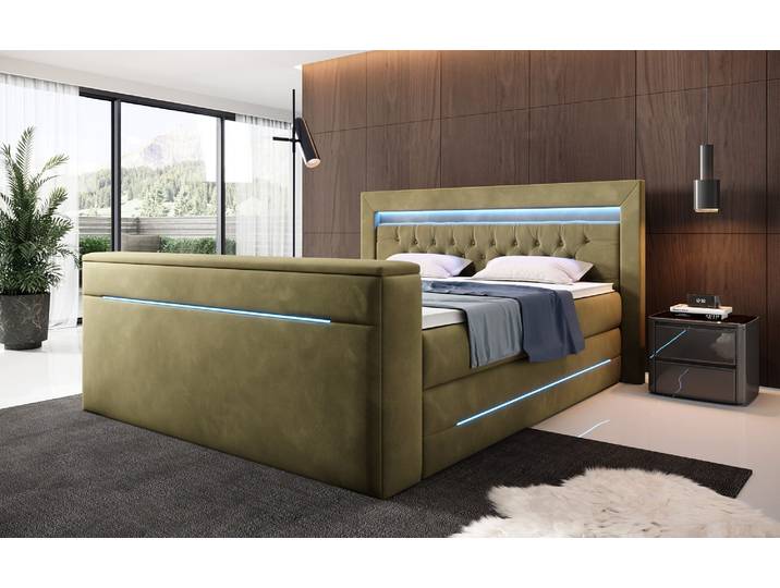 Boxspringbett Pluto mit TV Lift, RGB und Stauraum - 180x200 - Olive - H4 (100kg+) - Luxusbetten24
