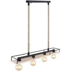 Hängelampe Holzleuchte Deckenleuchte Wohnzimmer Pendelleuchte mit Hanfseil, Platte Metallrahmen schwarz, 4x E27, LxH 95x120 cm