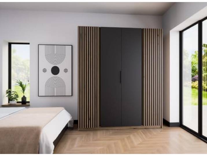 AX Living Nehir Schrank 200 cm Eiche Evoke/Schwarz, 2 Lamellentüren außen 2 Lamellen außen; 2 glatte Türen – alles gut verstaut.