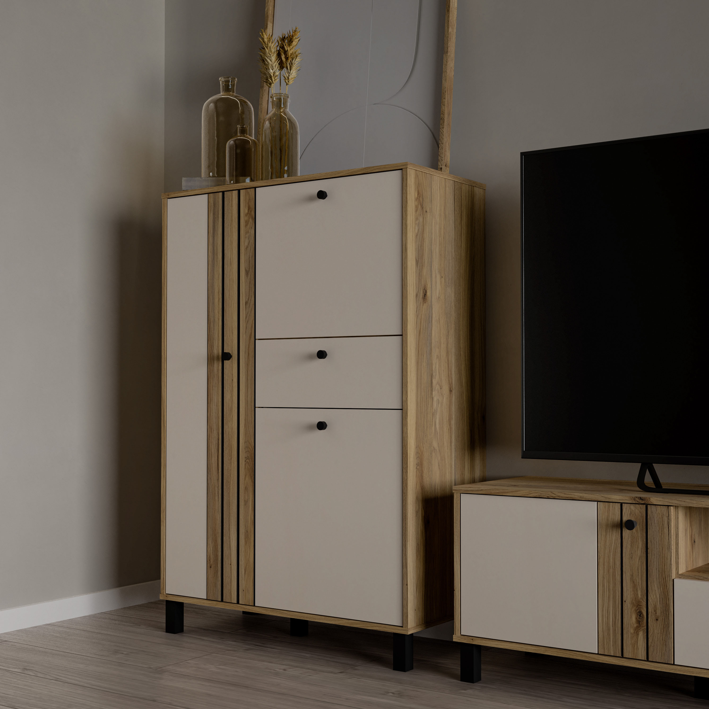 Highboard FORTE "Killarney", beige (mauvella eiche, kashmir beige), B:88,1cm H:131,8cm T:42cm, Dekorfolie, Holzwerkstoff, MDF, Metall, Sideboards, Highboard, Highboard, Soft Close, Stauraum mauvella eiche, kashmir beige B/H/T: 88,1cm x 131,8cm x 42cm, 1 S