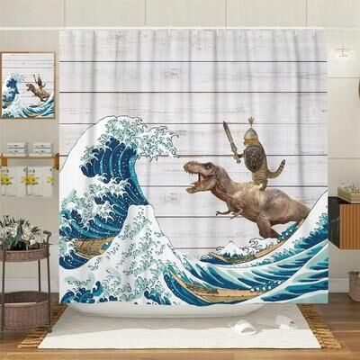Uplift Essentials "Creative Kids ""Cat Riding Dinosaur"" Shower Curtain style 11 71 In X 71 In"