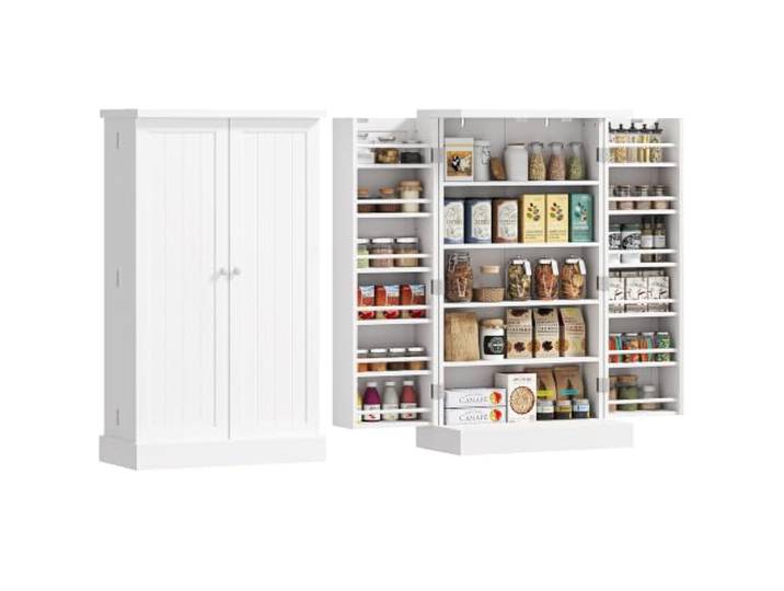 HOMCOM Küchenschrank 104cm Vorratsschrank, Doppeltüren, 5 Ebenen, Weiß Freistehender Küchen-Organizer, 12 Gewürzregale, verstellbare Regalböden