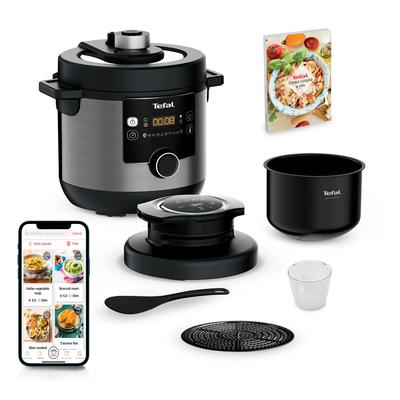 TEFAL Multikocher "Turbo Cuisine & Fry inkl. Extra-Crisp-Deckel, 1-Knopf-Bedienung", schwarz (edelstahlfarben, schwarz), Küchenmaschinen, Schnellkochtopf/ Heißluftfritteuse, 15 automatische Programme, CY7788