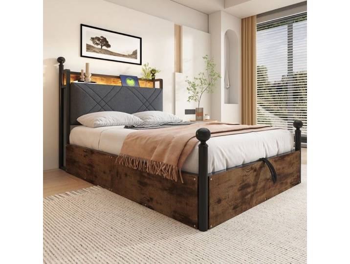 Lit Simple Enfant Noir 90x190-Fer Forgé-Baldaquin-Hydraulique-LED-USB-C-Montants Amovibles-Sans Matelas-Gain Place-Sécurisé