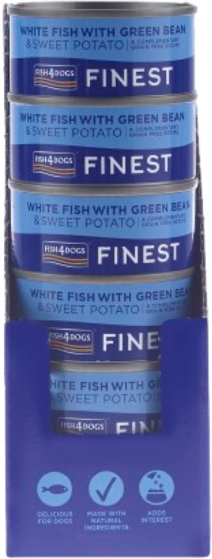 Fish4Dogs 12 x 85 g Finest Alimento Umido per Cani Pesce Bianco con Patata Dolce e Fagioli Verdi