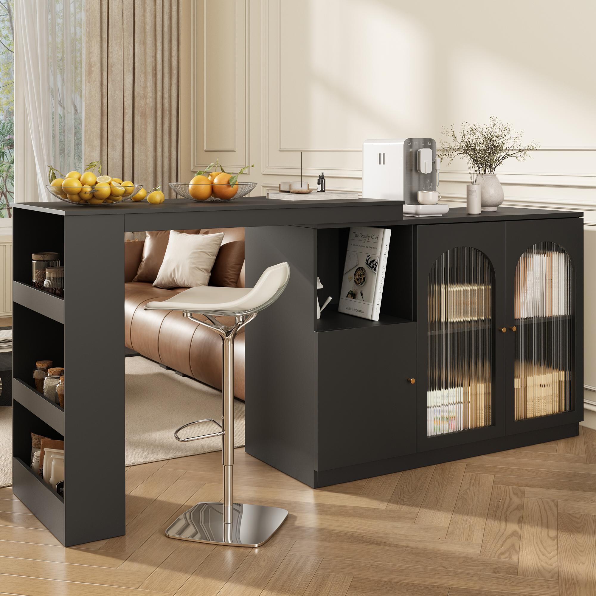 Fortuna Lai Um 360° drehbarer Bartisch (Hauptkörper 120 x 40 x 97 cm), moderner und einfacher schwarzer rotierender Ess- und Barschrank, multifunktionaler Aufbewahrungsschrank mit Glastür