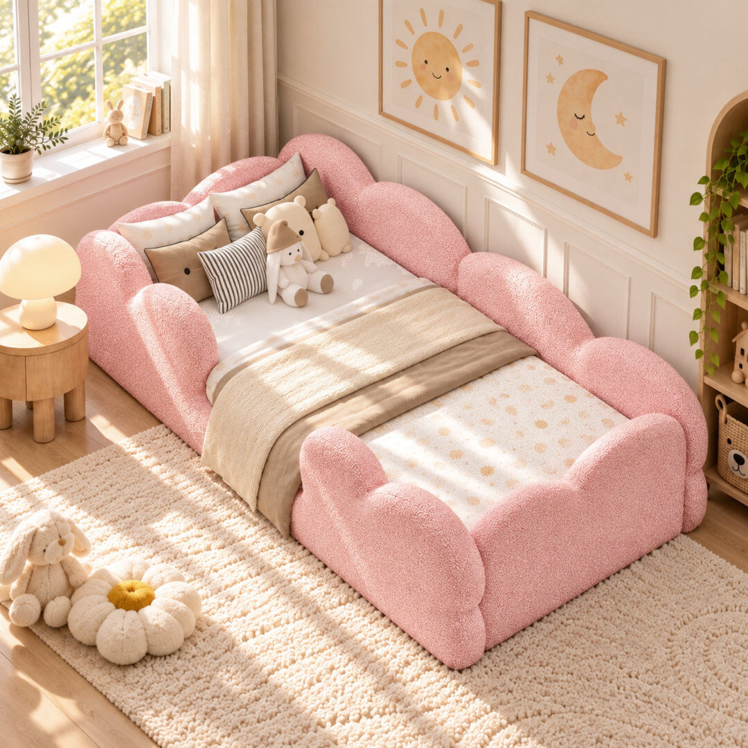 Happy Larry 3ft Upholstered Bed Cloud-Shaped with surrounding guardrails Velvet Pink 54cm H X 100cm W X 208cm L
