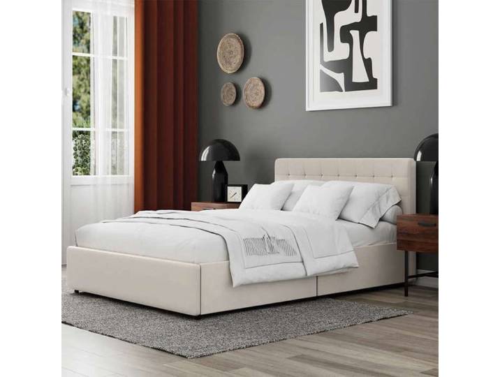 Lit tiroirs tête de lit capitonnée – couchage 140x190 cm – velours beige - sommier inclus - ELLIE