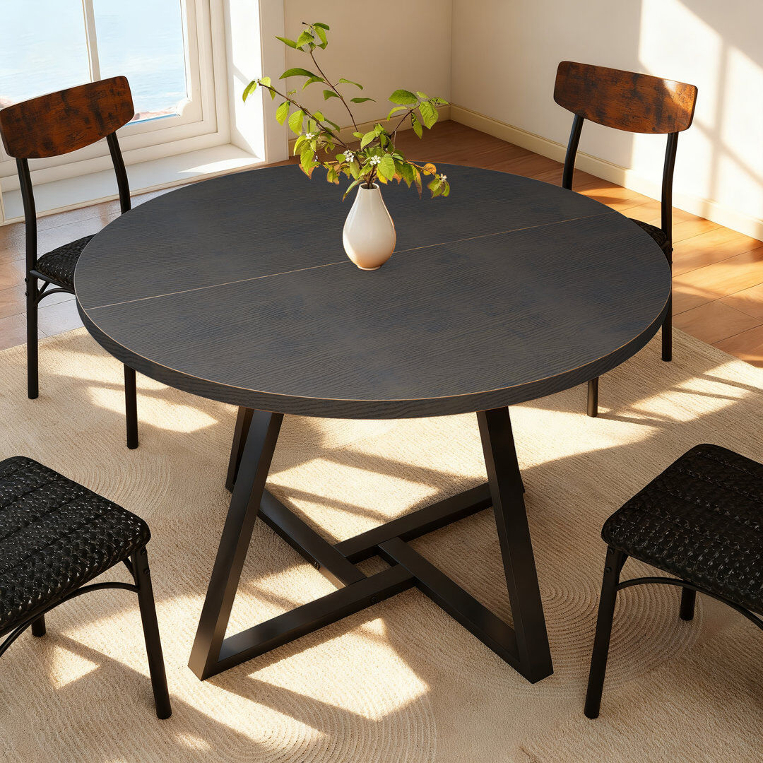 Rio Round Dining Table: Pedestal Metal Frame, Space-Saving Industrial Style Black 76cm H x 120cm W x 120cm D