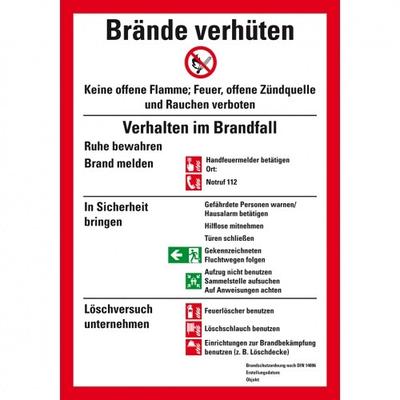 Aufkleber I Aushang Brände verhüten, DIN 14096, bauliche Anlagen, Folie, selbstklebend, 210x297mm, ASR A1.3, DIN EN ISO 7010