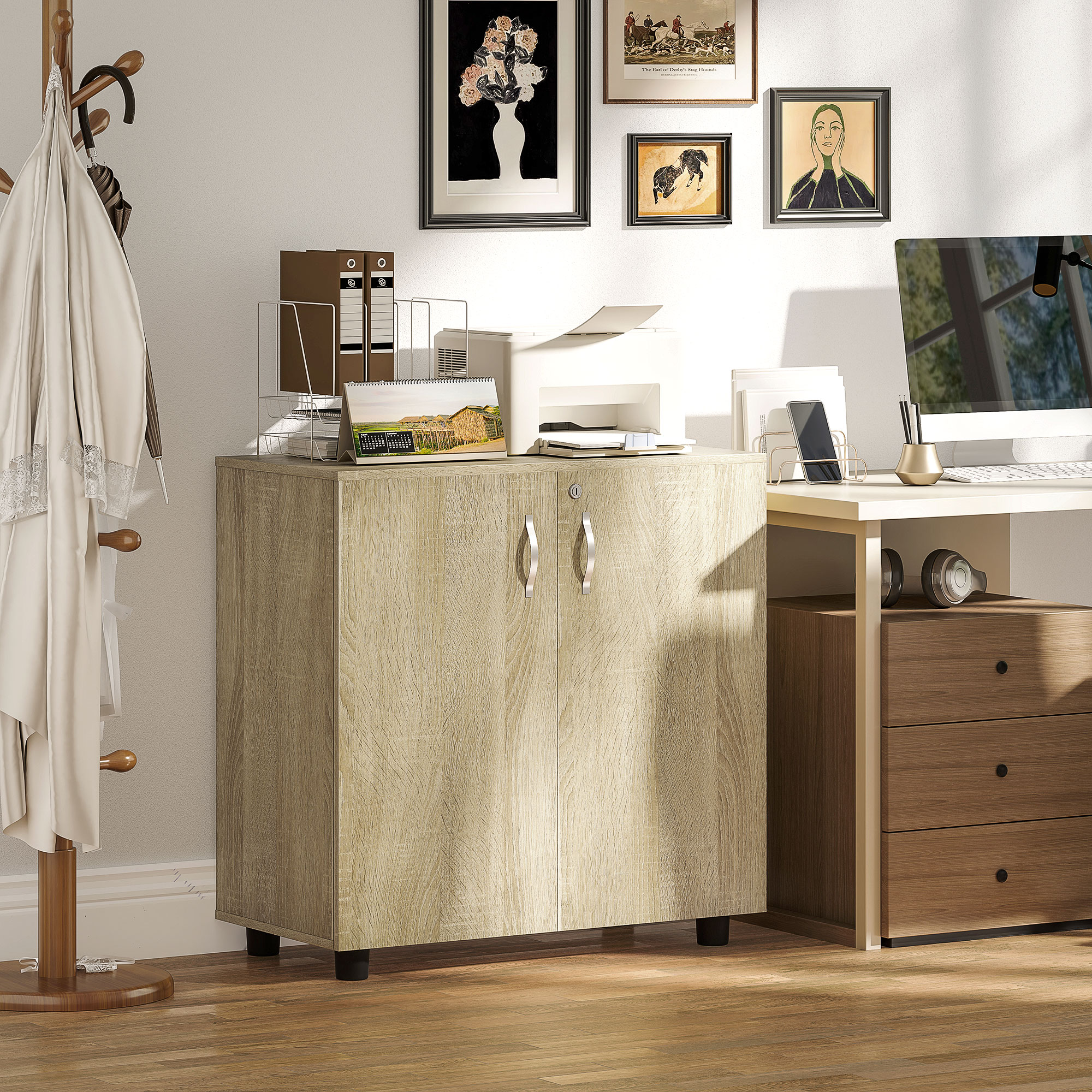 Vinsetto Mobile Ufficio Portadocumenti Multiuso con Serratura, 2 Ante e Mensola Interna, 80x40x80 cm, Rovere   Aosom Italy
