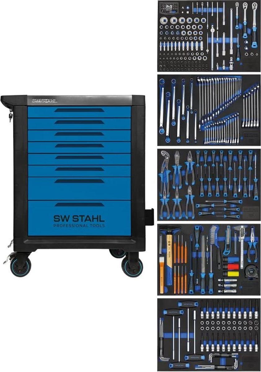SW-Stahl Z3110 Profi Werkstattwagen TT801 blau I 8 Schubladen I 5 Schubladen gefüllt I 341 teilig I Werkstatt Rollwagen mit Werkzeug bestückt I Twin-Lock I Werkstattwagen kit I voll ausgestattet