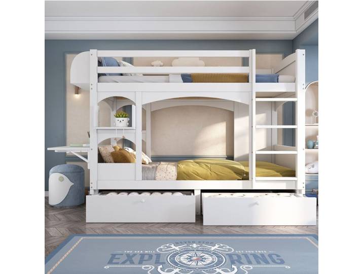 COVREO Lit superposé enfant 90 x 200 cm avec bureau pliable 2 tiroirs étagère bois massif et MDF blanc