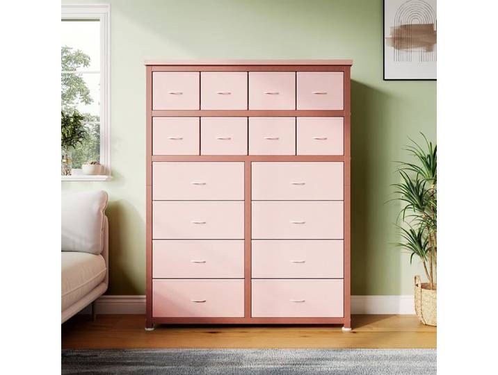 Commode en tissu à 16 tiroirs cadre en acier robuste meuble de rangement pour chambre et salon rose